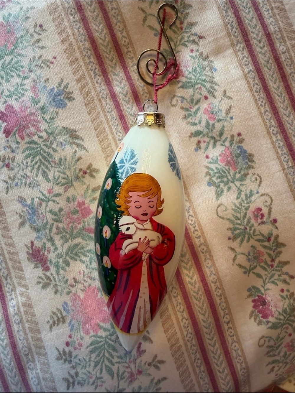 Vintage Style Christmas Teardrop Ornament Girl Holding Lamb Inside Painting